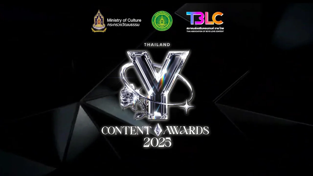 Official promotional graphic for the Thailand Y Content Awards 2025, featuring a metallic crystal "Y" trophy logo centered on a black geometric background. The logos of Thailand's Ministry of Culture, the Department of Cultural Promotion, and the Thai Association of Boys Love Content (TBLC) appear across the top, with the event title "Thailand Y Content Awards 2025" displayed beneath the trophy.