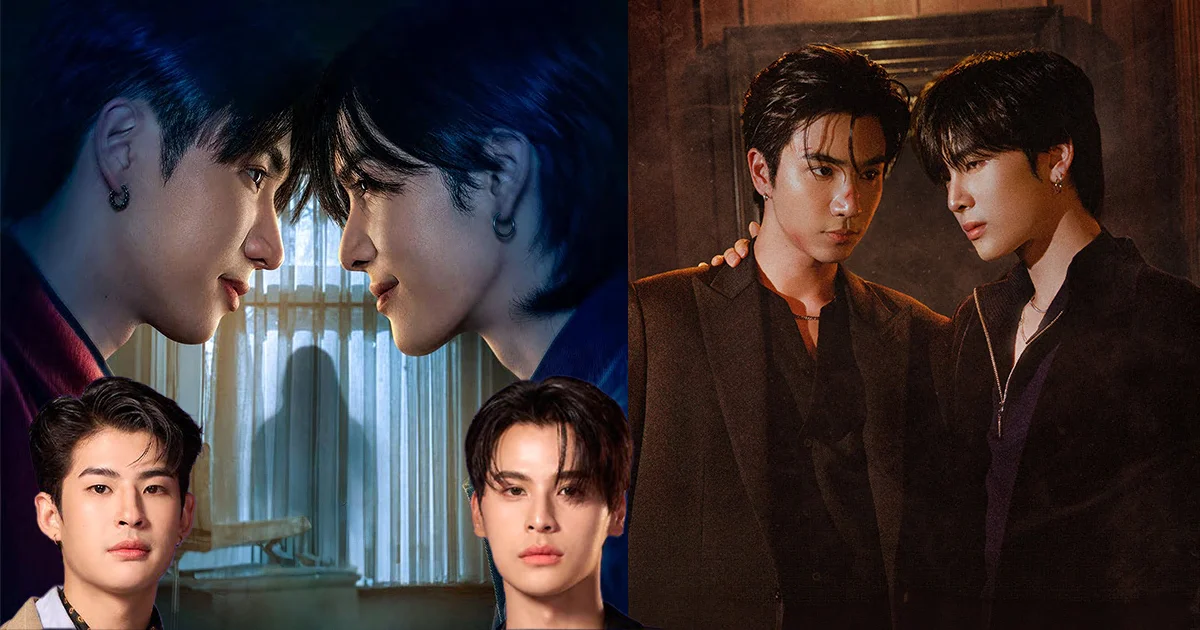 Split promotional composite featuring the original and updated lead pairings for GMMTV's The Spooky Love Tale. On the left, Mark Pakin and Ohm Thipakorn face each other in a blue-lit scene inspired by the original key art. On the right, Perth Tanapon and Santa Pongsapak stand together in a warm, moody room from Heartbound, highlighting the casting change announced by GMMTV.