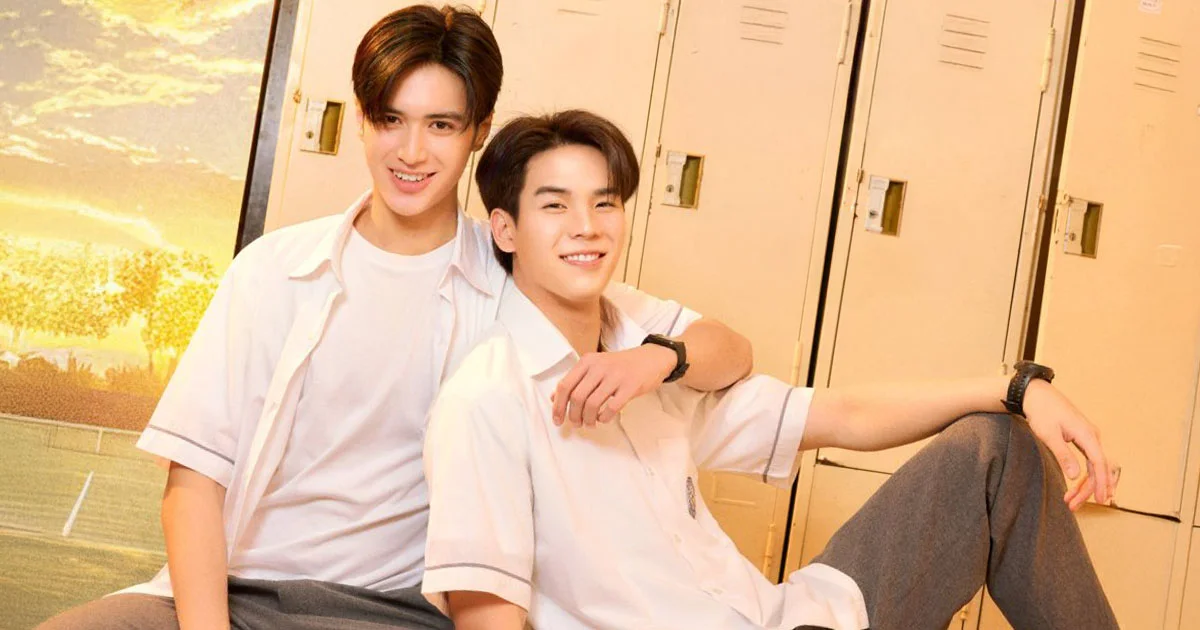 Promotional image for GMMTV's BL series Match Point featuring Teshow Promsakha na Sakonnakhon and Ping Krittanun Aunchananun in school uniforms, smiling together in front of school lockers.