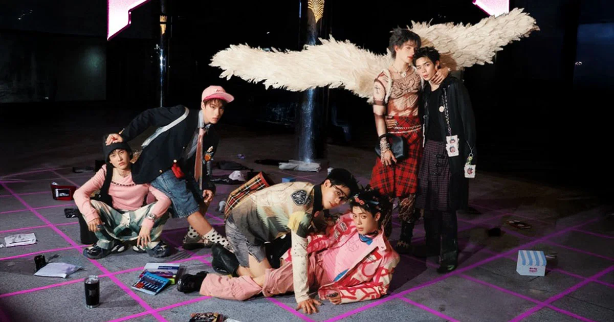 Six cast members from Gelboys Season 2 pose in bold streetwear around a neon-pink grid.