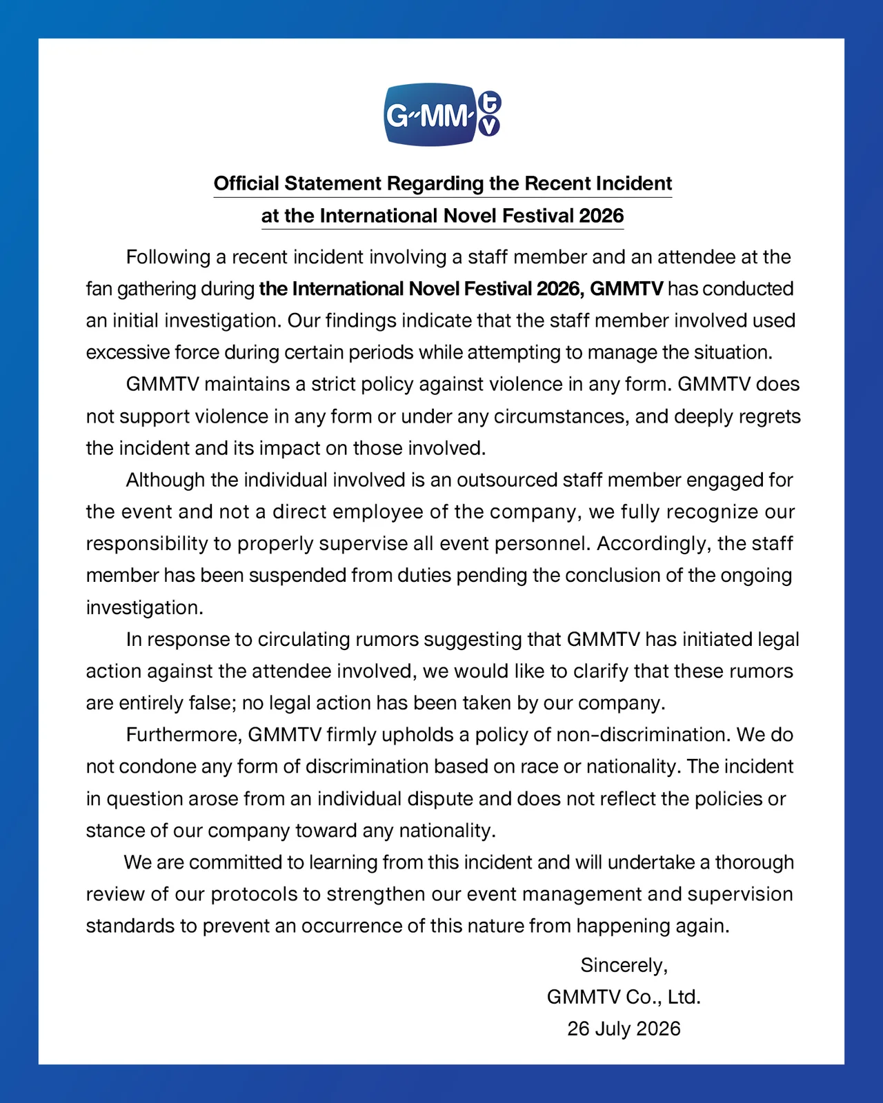 GMMTV’s official statement regarding the International Novel Festival 2026 incident alongside screenshots from videos that circulated on social media following the confrontation between event staff and an attendee.
