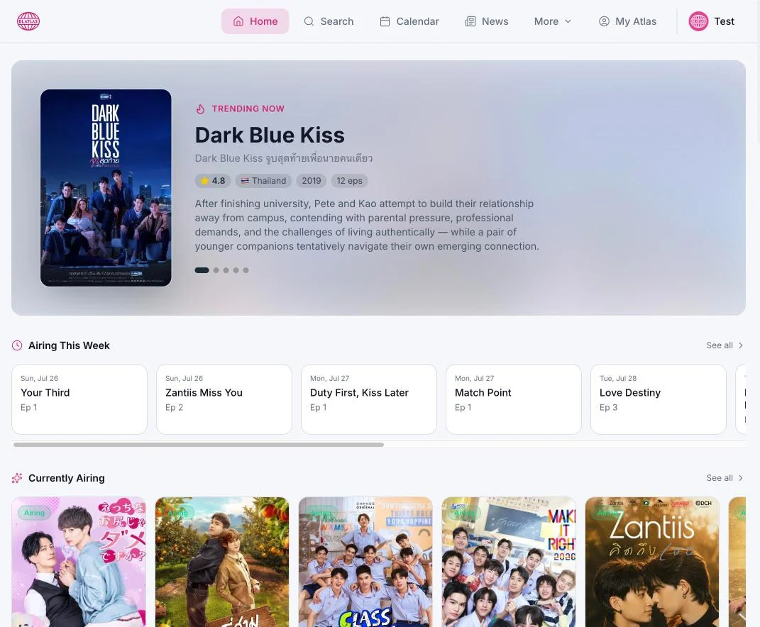 BL Atlas homepage showing the featured trending series banner for Dark Blue Kiss and the Airing This Week schedule row.