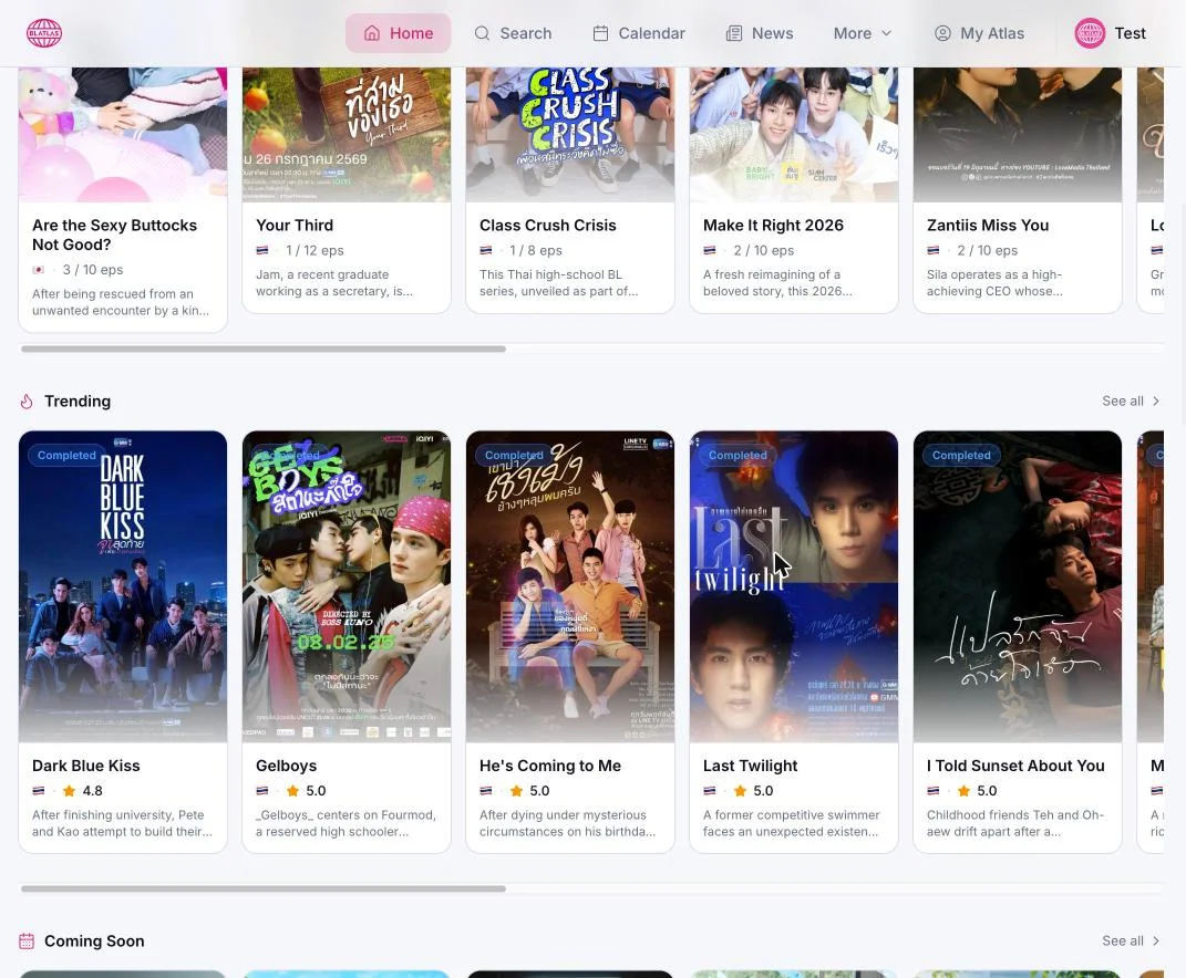 BL Atlas homepage sections for Currently Airing, Trending series, and Coming Soon titles.