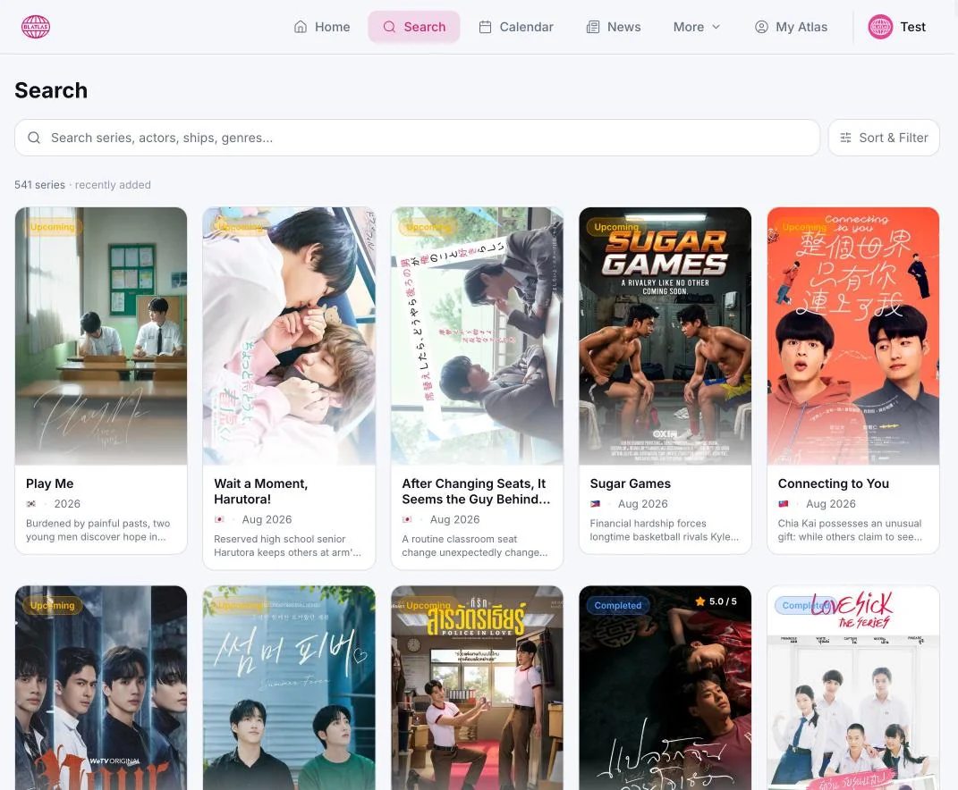 BL Atlas Search page with a search bar and grid of series results including upcoming and completed titles.