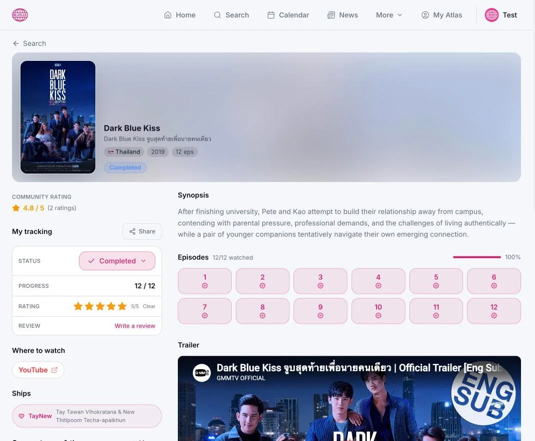 Dark Blue Kiss series page showing poster, synopsis, episode tracker, community rating, and Where to Watch links.