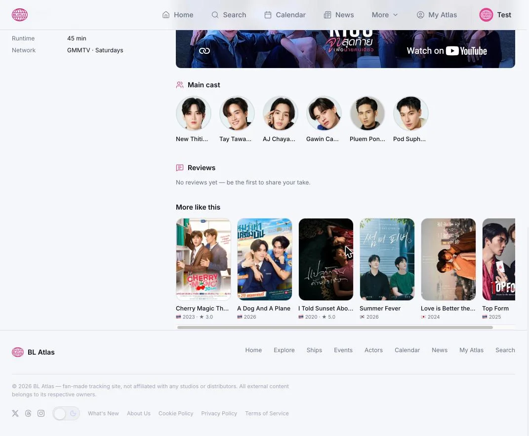 Dark Blue Kiss series page showing main cast photos, reviews section, and related series recommendations.