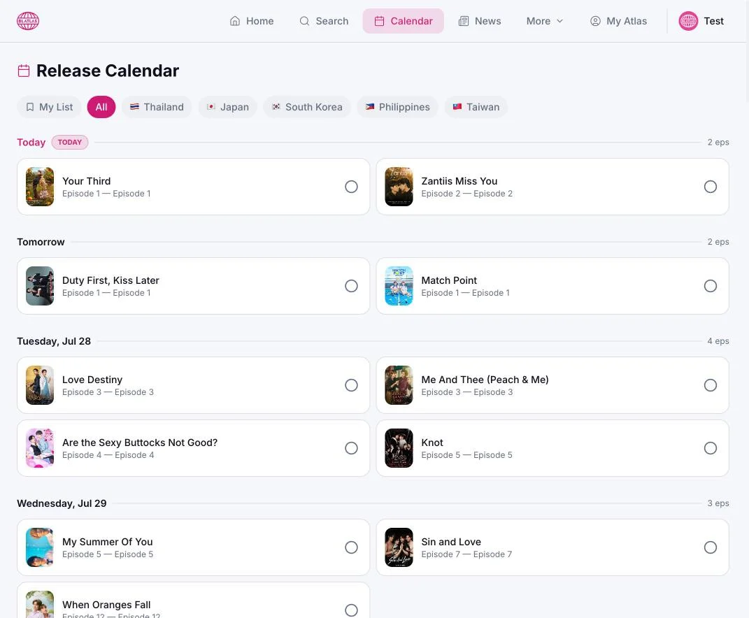 Release Calendar page listing upcoming episode premieres organized by date.