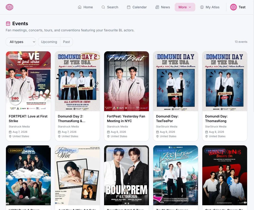 Events page showing a grid of BL fan meetings, concerts, and conventions with dates and locations.