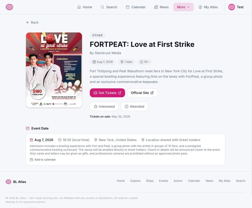 FORTPEAT event detail page with ticket link, official site link, Interested and Attended buttons, and event details.