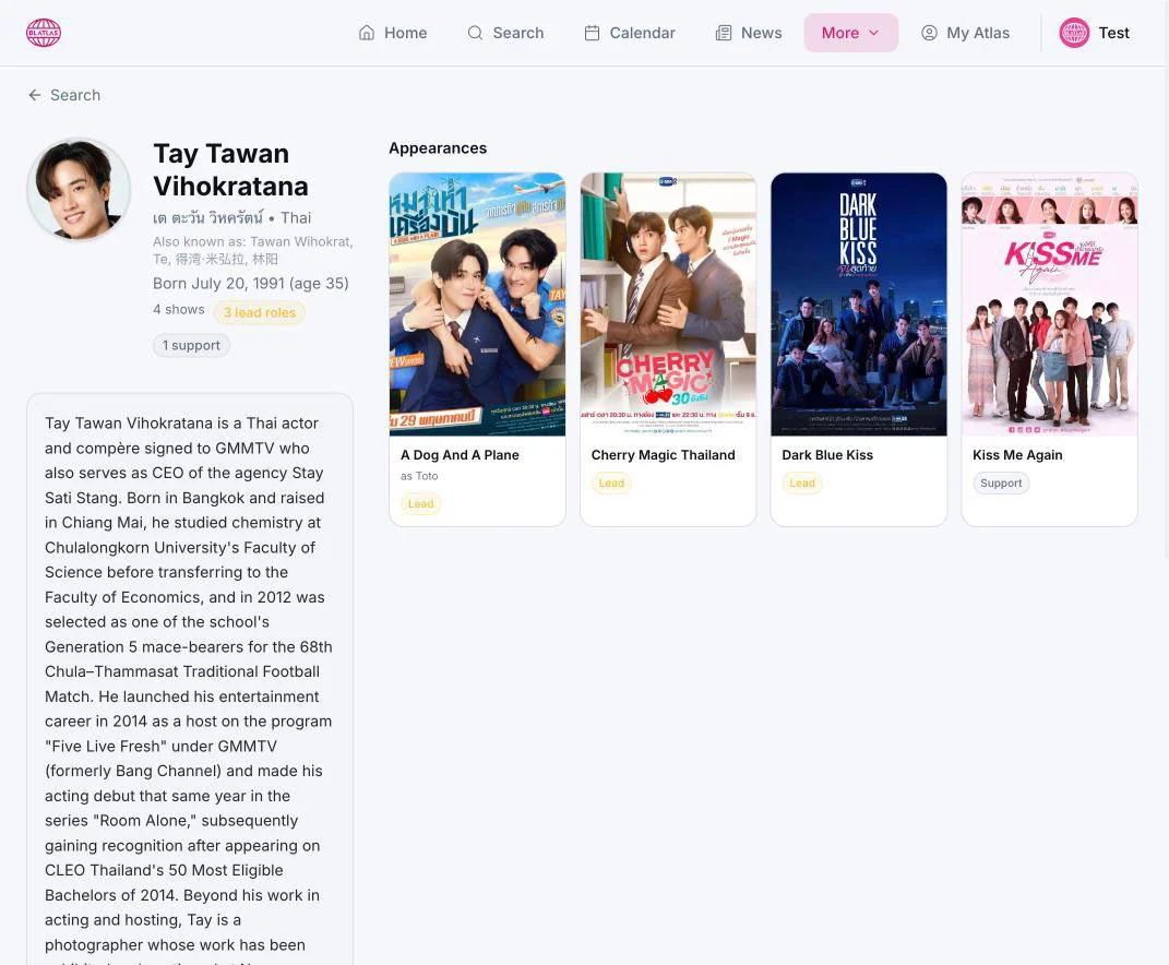 Actor profile page for Tay Tawan Vihokratana showing biography, birthdate, and list of BL series appearances.