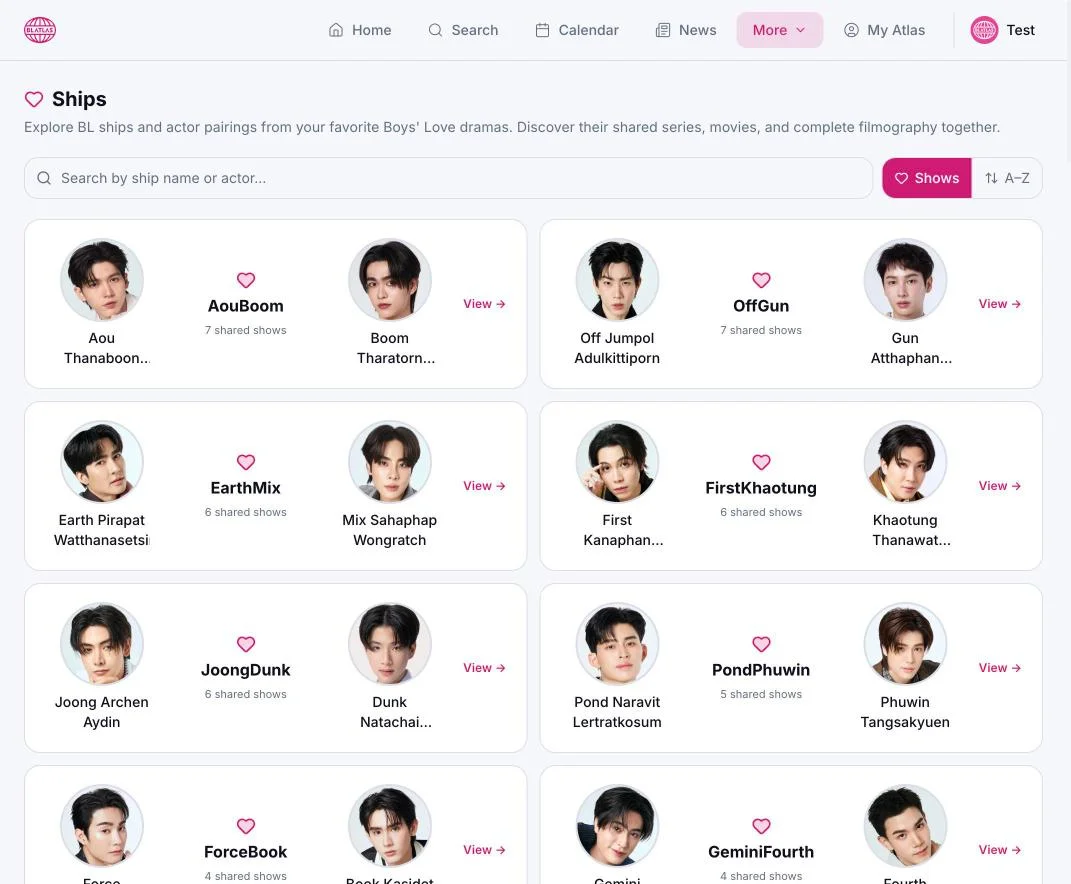 Ships page showing a list of BL actor pairings with photos and number of shared shows.