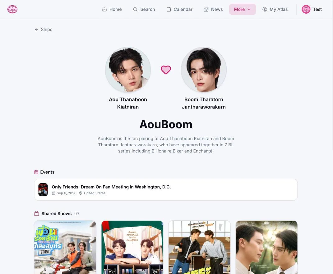 AouBoom ship profile page showing both actors, pairing description, related events, and shared shows.
