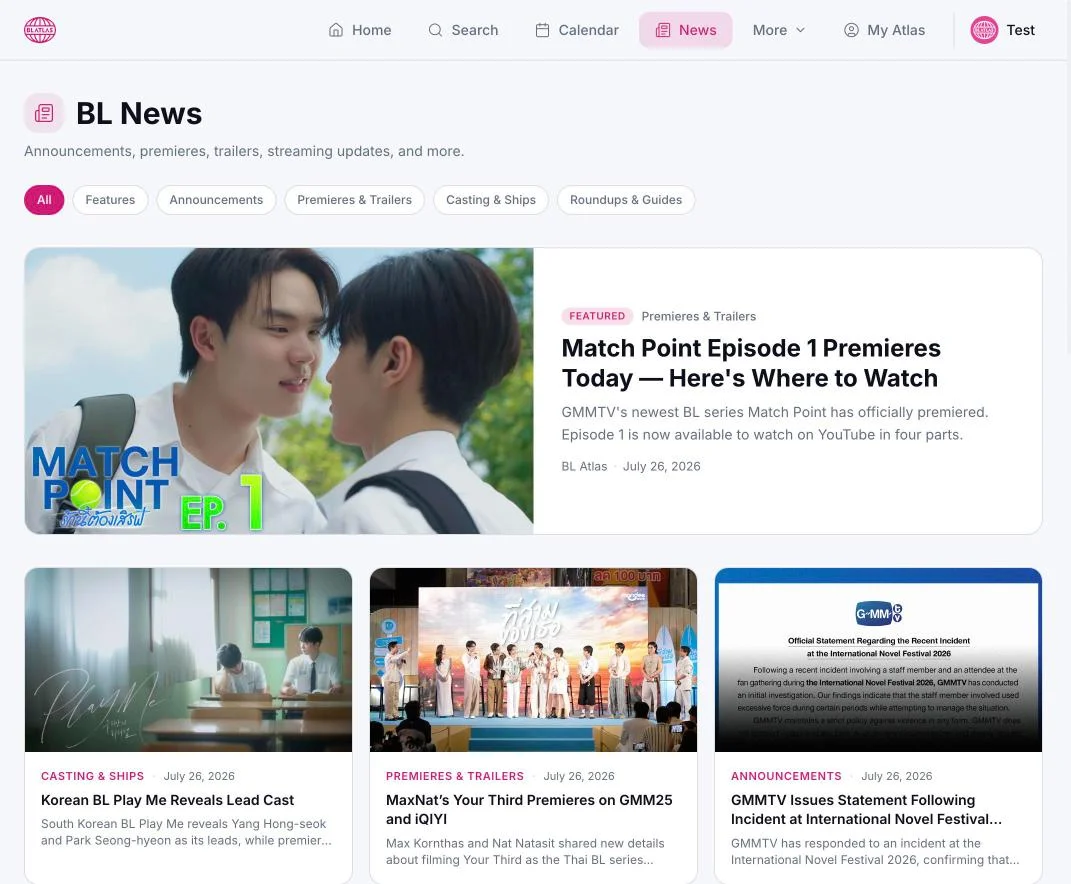 BL News page showing a featured article and a grid of recent BL announcements and premiere updates.