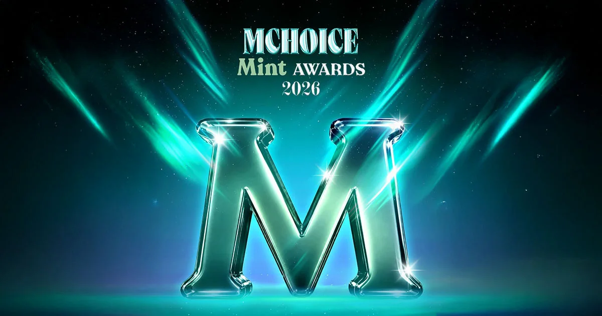 Promotional graphic for the Mchoice & Mint Awards 2026, featuring a metallic M against green and blue stage lighting.