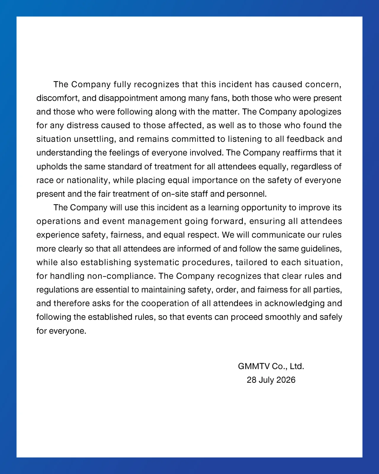     Second page of GMMTV’s follow-up statement confirming the complaints were withdrawn and outlining improvements to future event procedures.