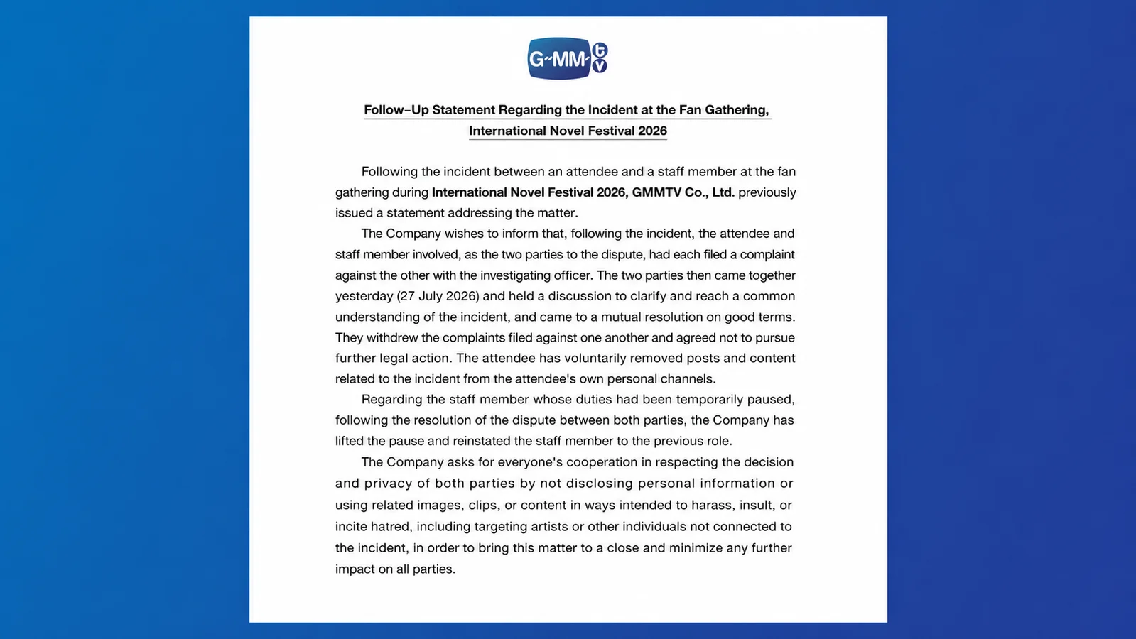 GMMTV follow-up statement regarding the fan gathering incident at the International Novel Festival 2026.