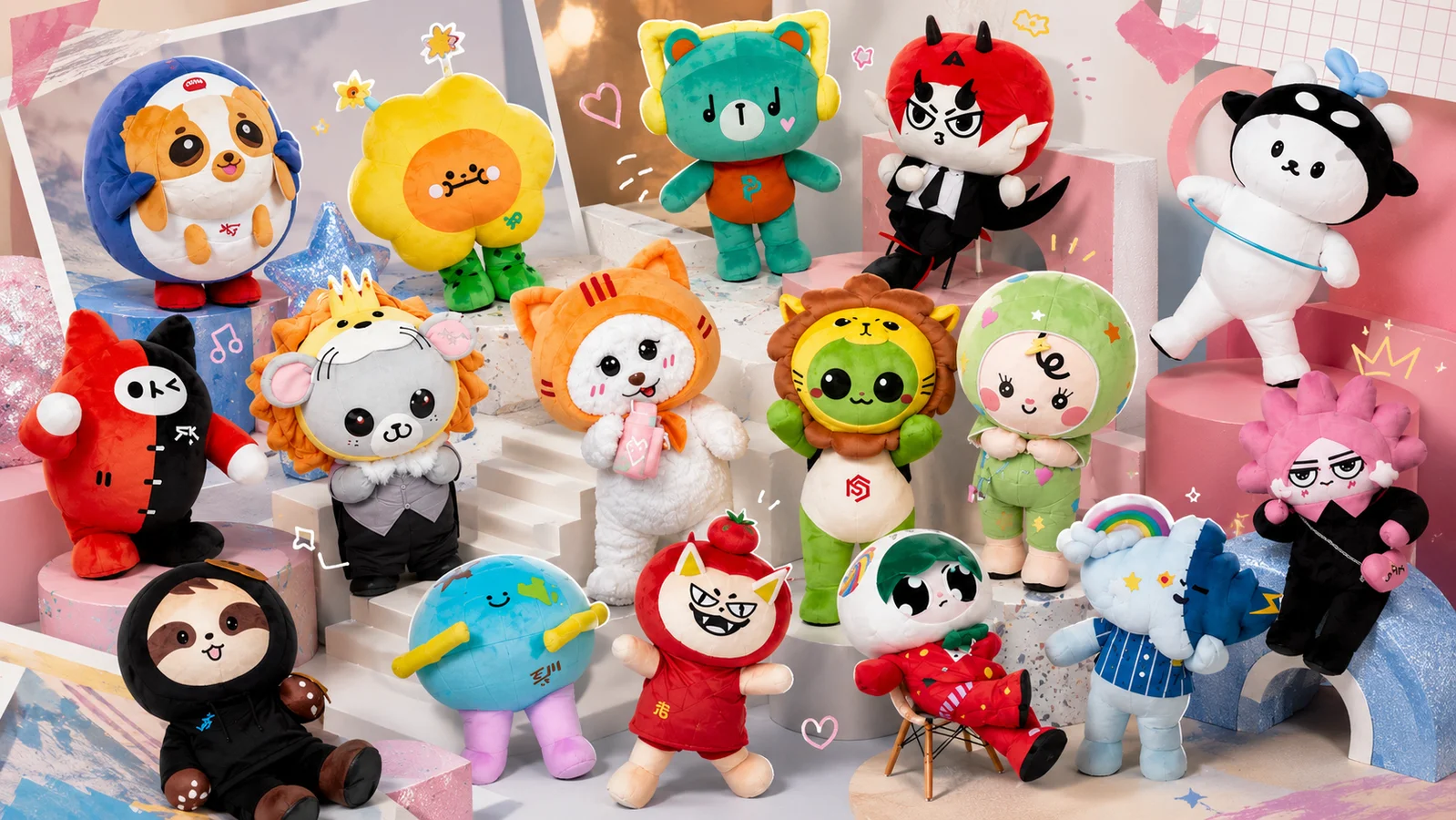 A colorful group of plush mascots posed on layered pastel platforms in a playful studio setting.