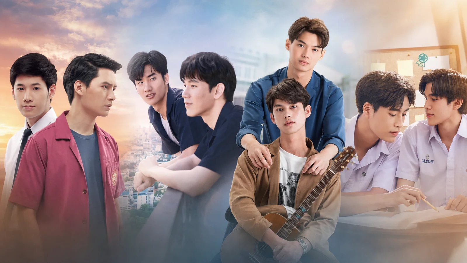 GMMTV BL actors across four eras, featuring the lead pairings from SOTUS, Dark Blue Kiss, 2gether, and My School President in a blended promotional collage.