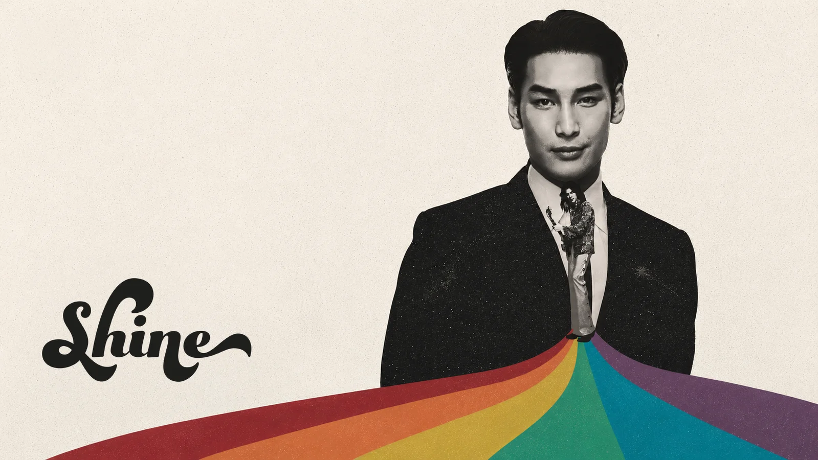 Black-and-white Shine artwork featuring Apo Nattawin in a dark suit, with Mile Phakphum appearing as a small figure where Apo’s tie would be, above flowing rainbow-colored stripes.