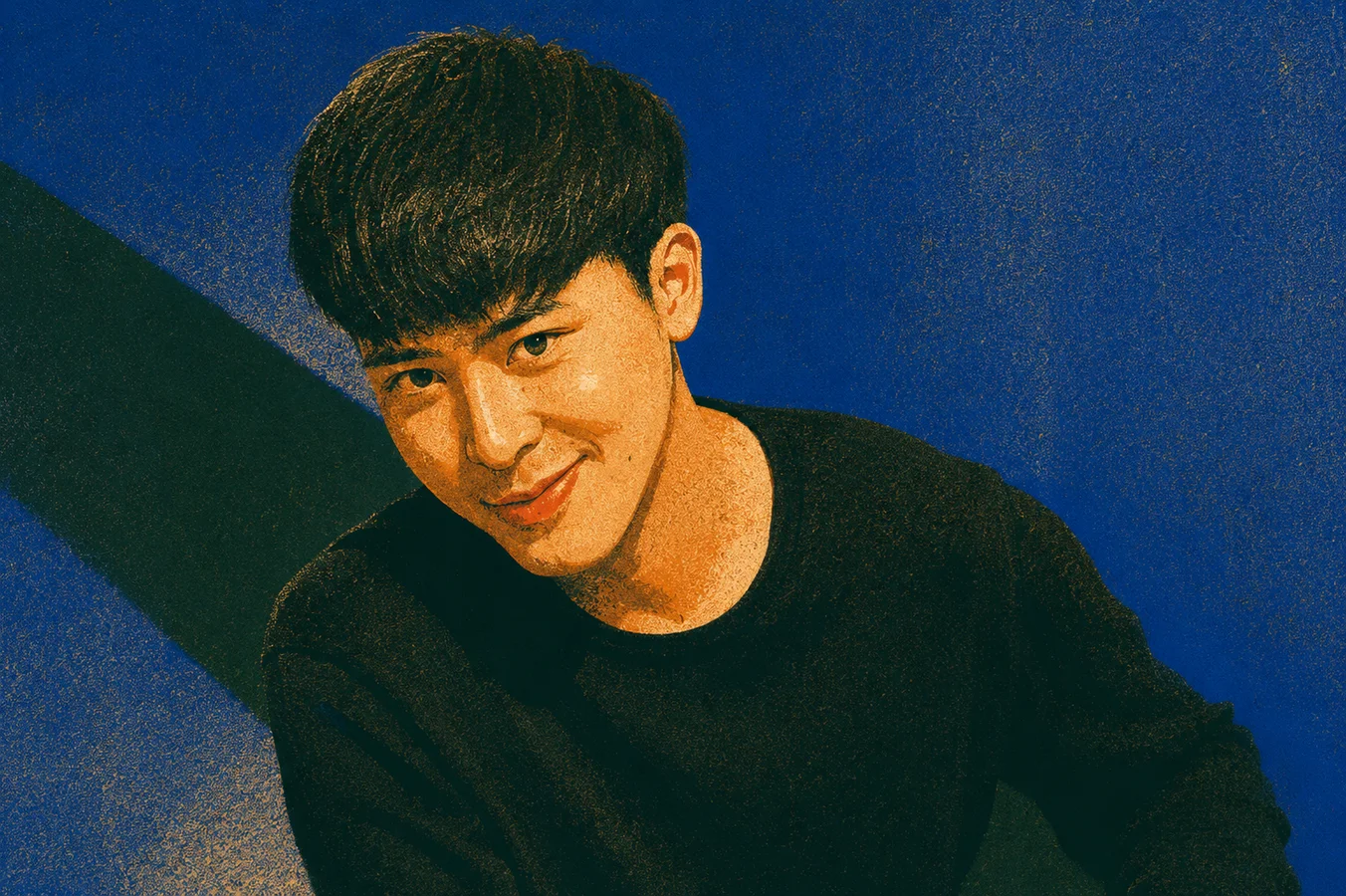 Stylized vertical portrait of Boss Kuno in a black sweater leaning toward the camera, rendered in cobalt blue, warm orange, and deep green with dense grain and a vintage screen-print texture.