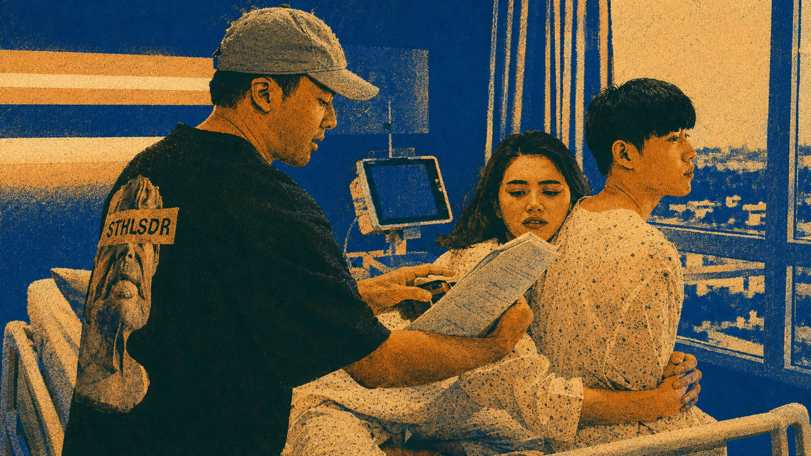 Behind-the-scenes image from My Ambulance showing director Boss Kuno reviewing a script beside two actors staging a hospital-room scene, rendered in a grainy cobalt blue, warm orange, and cream screen-print style.
