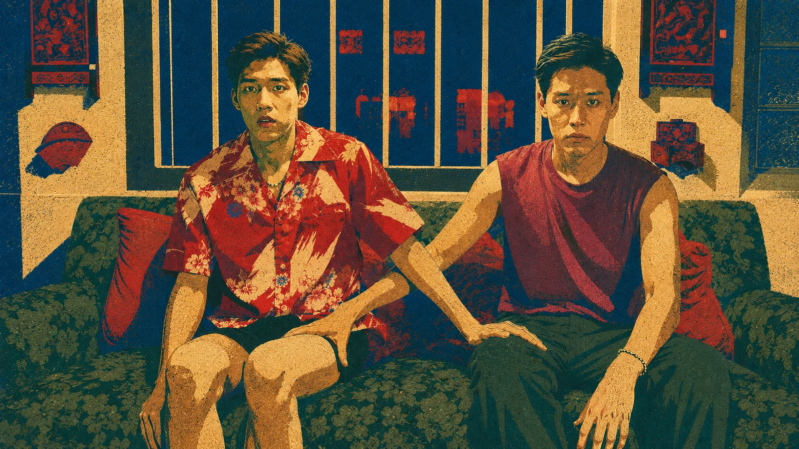 Teh (Billkin Putthipong Assaratanakul) and Oh-aew (PP Krit Amnuaydechkorn) sit closely together on a patterned sofa in a scene from I Told Sunset About You, rendered in saturated red, cobalt blue, cream, and deep green with simplified color blocking and dense analog grain.