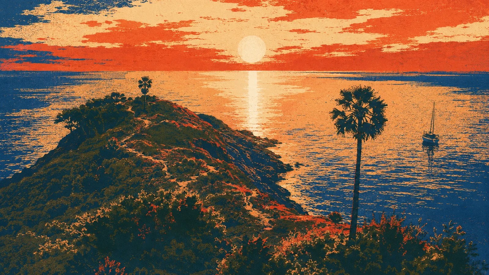 Stylized view of a Phuket headland at sunset, with palm trees, a sailboat, and the sun reflecting across the sea, rendered in cobalt blue, burnt orange, cream, and deep green with bold color blocking and dense analog grain.