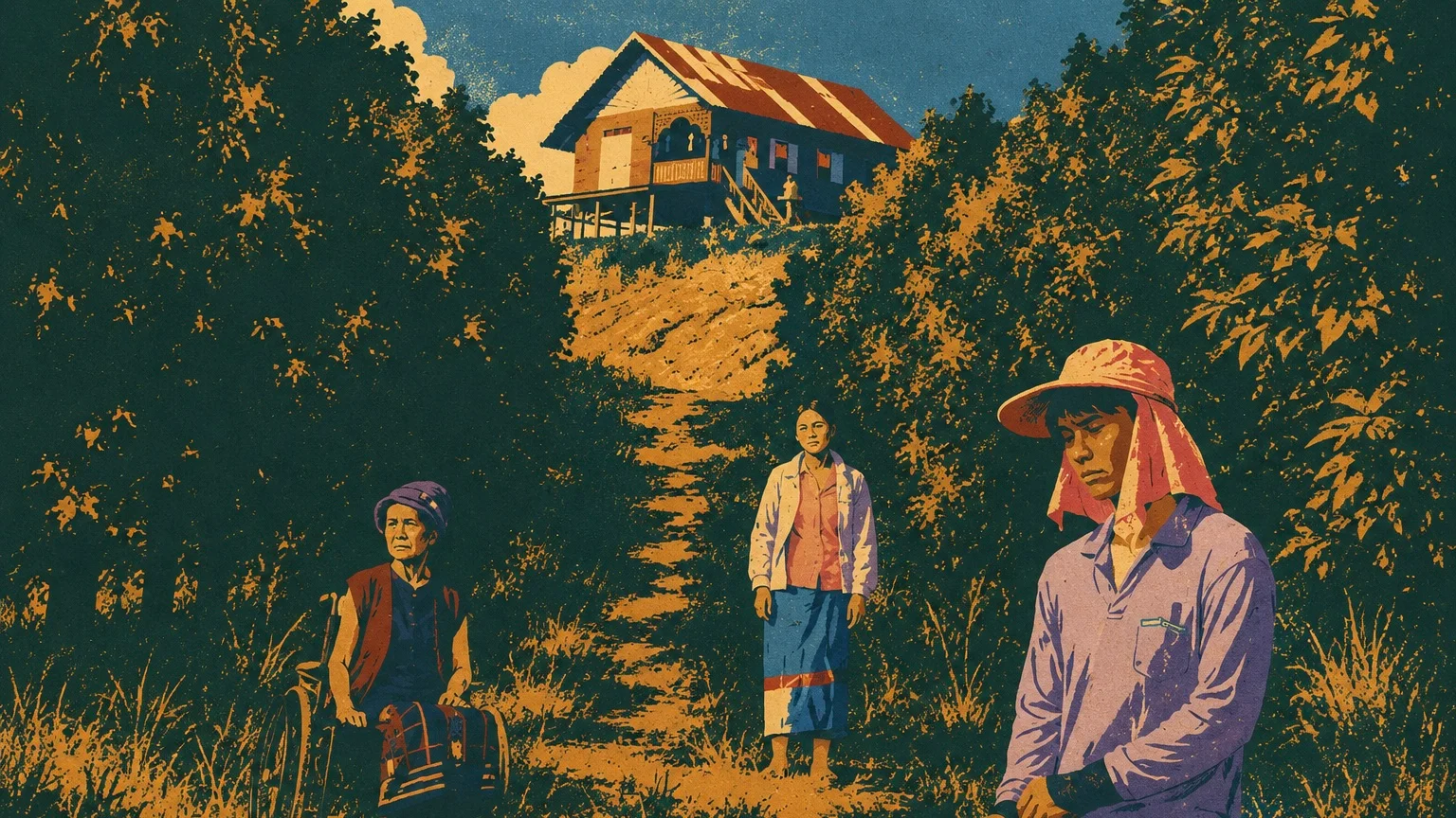 Stylized rural scene featuring three people along a tree-lined path leading to a weathered wooden house on a hill, rendered in deep green, burnt orange, lavender, cream, and cobalt blue with simplified color blocking, sculptural light and shadow, and dense analog grain.