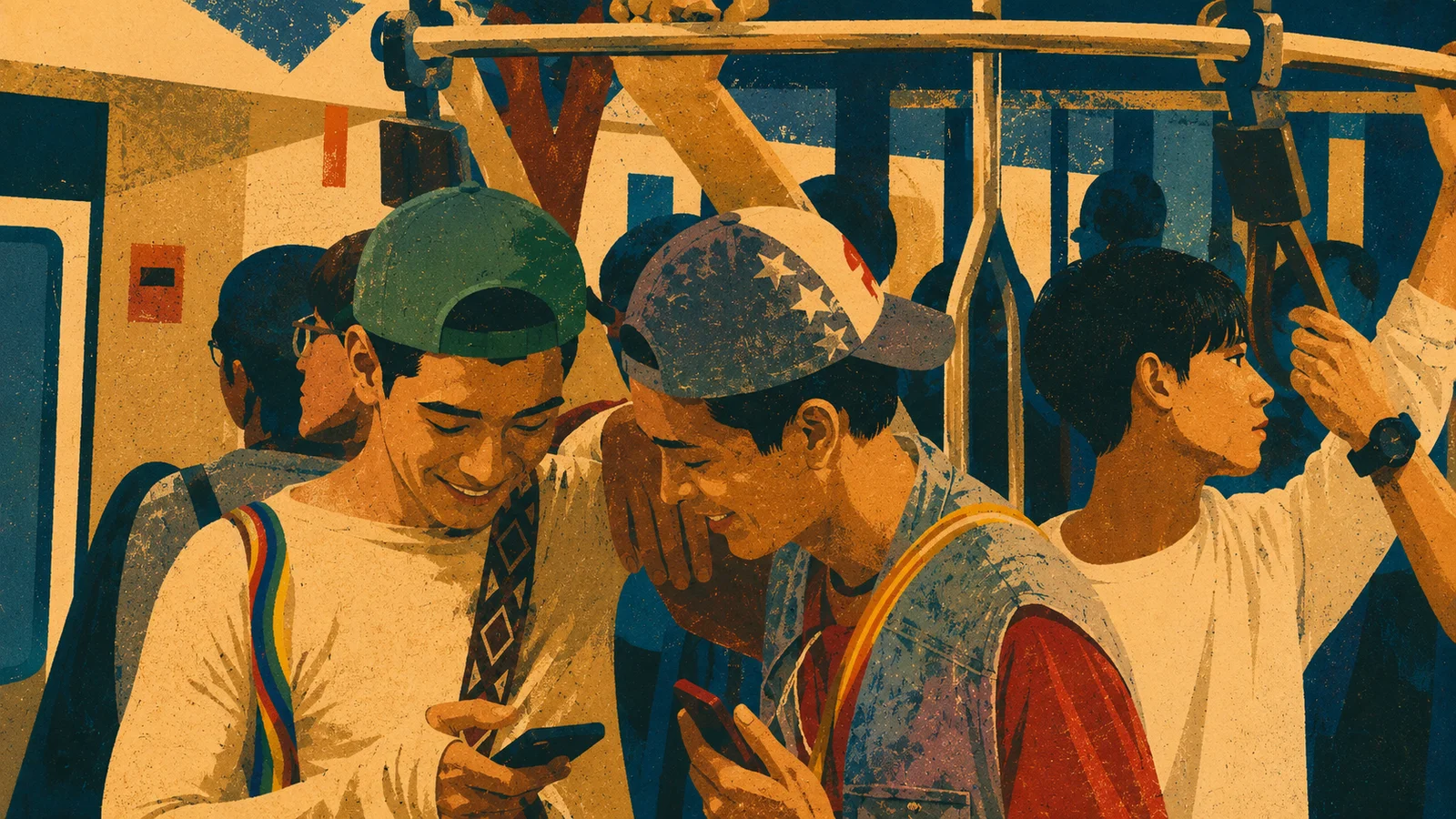 Stylized scene from GELBOYS showing Fou4Mod (New Chayapak Tunprayoon) and Chian (Pide Monthapoom Sumonvarangkul) smiling together over their phones aboard a crowded train, while another passenger stands nearby holding an overhead strap. Rendered in simplified color blocking with saturated reds, deep blues, warm cream tones, sculptural light and shadow, and dense analog grain.