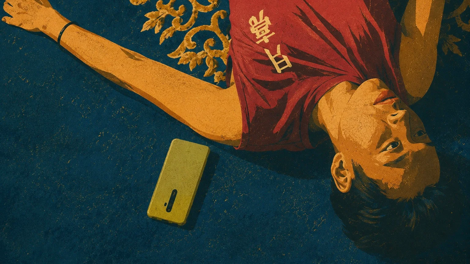 Stylized scene from I Told Sunset About You showing Teh (Billkin Putthipong Assaratanakul) lying on a dark blue rug with one arm outstretched, his phone resting beside him as he stares upward in quiet contemplation. Rendered with simplified color blocking, sculptural light and shadow, saturated cobalt blue, warm ochre and crimson tones, and dense analog grain.