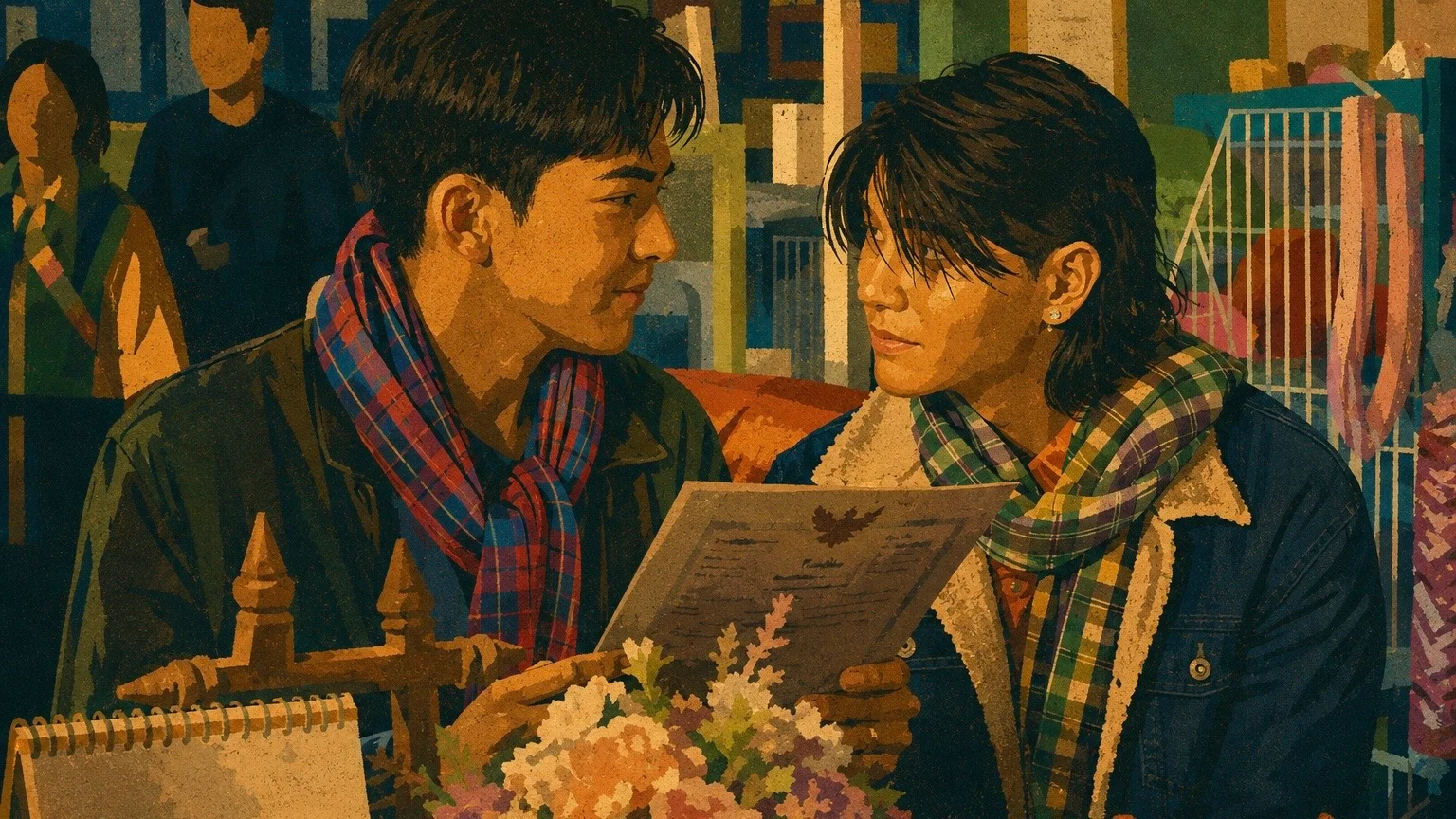 Stylized scene from The Paradise of Thorns showing Thongkam (Jeff Satur) and his partner Sek (Pongsakorn Mettarikanon) sitting closely together while reviewing legal documents, sharing a quiet, affectionate glance. Rendered in simplified color blocking with sculptural light and shadow, saturated olive greens, deep blues, warm ochres, muted reds, and dense analog grain.
