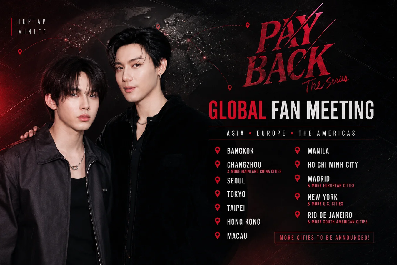 Promotional image announcing the PAYBACK global fan meeting tour featuring Toptap and Minlee alongside a list of planned cities across Asia, Europe, and the Americas.