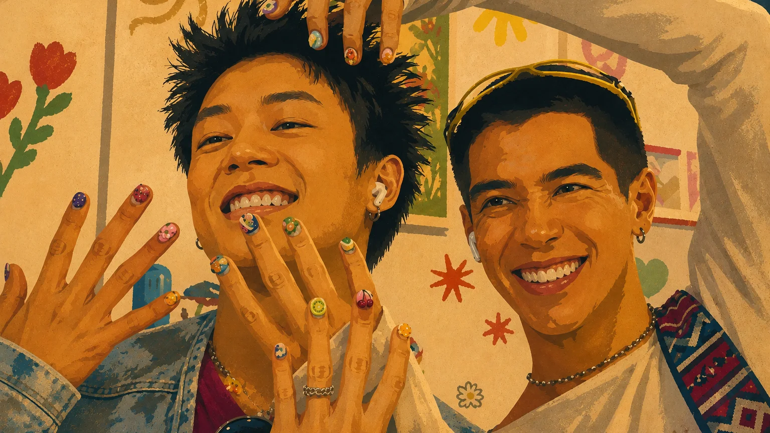 Stylized scene from GELBOYS showing Fou4Mod (New Chayapak Tunprayoon) and Chian (Pide Monthapoom Sumonvarangkul) smiling together while showing off their colorful nail art, rendered with simplified color blocking, sculptural light and shadow, warm cream tones, saturated reds and blues, and dense analog grain.