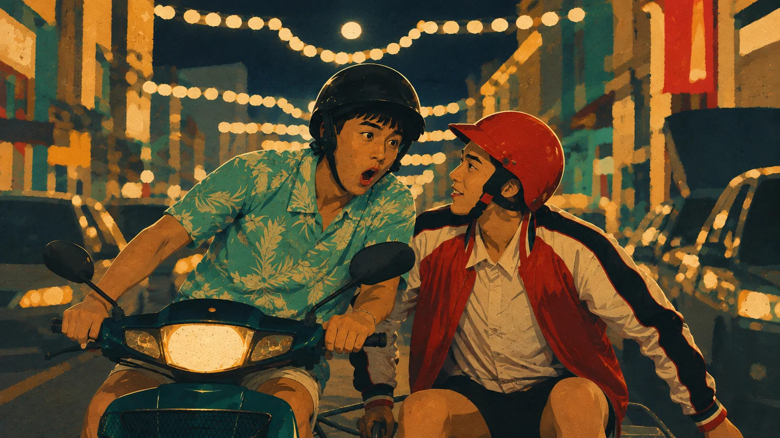 Stylized illustration of Teh (Billkin Putthipong Assaratanakul) and Oh-aew (PP Krit Amnuaydechkorn) from I Told Sunset About You, riding a motorbike with a sidecar through the illuminated streets of Phuket Old Town at night. Teh looks ahead with a surprised expression while Oh-aew smiles at him beneath warm string lights in a nostalgic retro editorial art style.