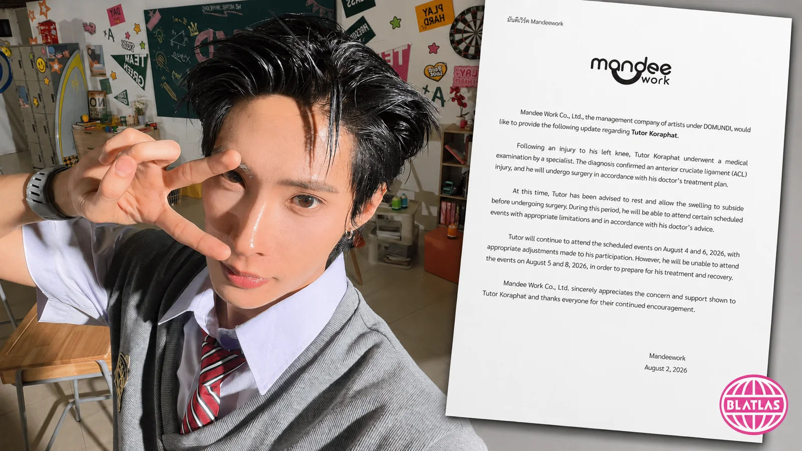 Tutor Koraphat alongside Mandee Work’s official statement announcing his ACL injury, upcoming surgery, and changes to his August 2026 schedule.