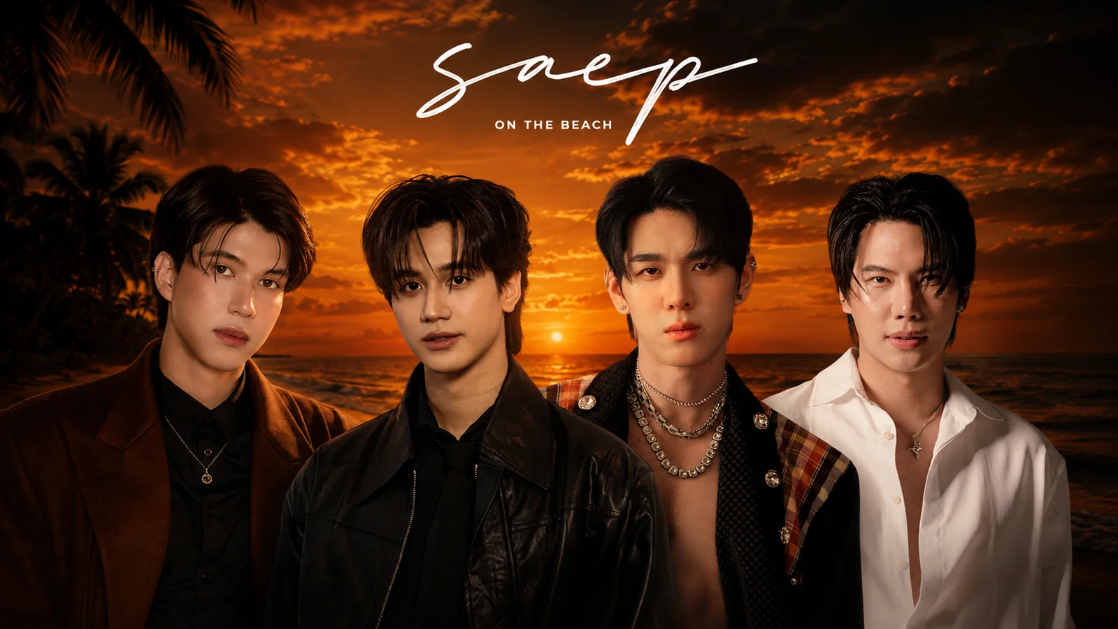 Max Nattapol, Benjamin Brasier, Tata Krittapat and Yi Gao pose together against a tropical sunset beneath the Saep on the Beach title.