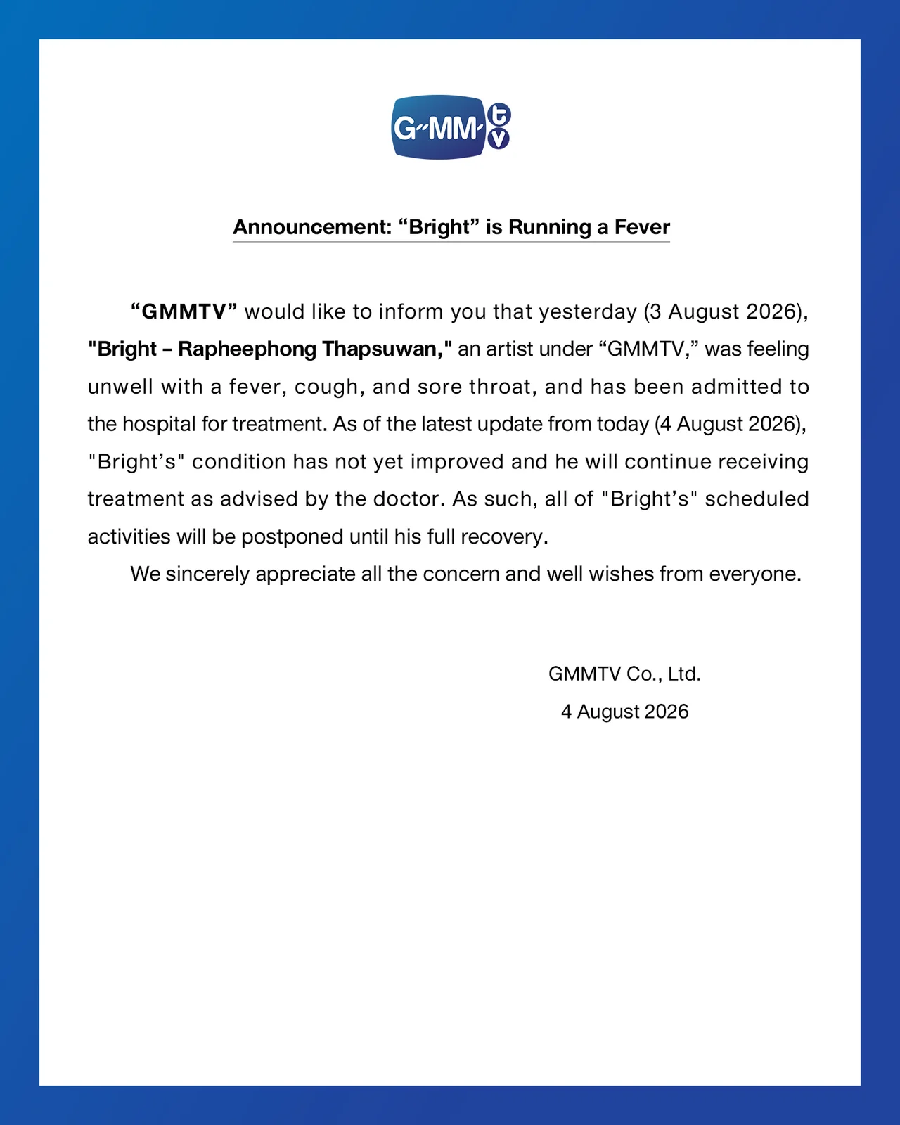 GMMTV’s official English-language statement.
