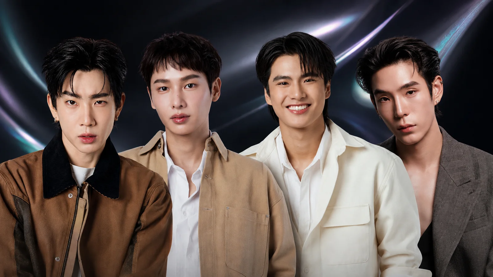 Off Jumpol, Gun Atthaphan, Ohm Pawat and JAYLERR posed against a dark, iridescent background.