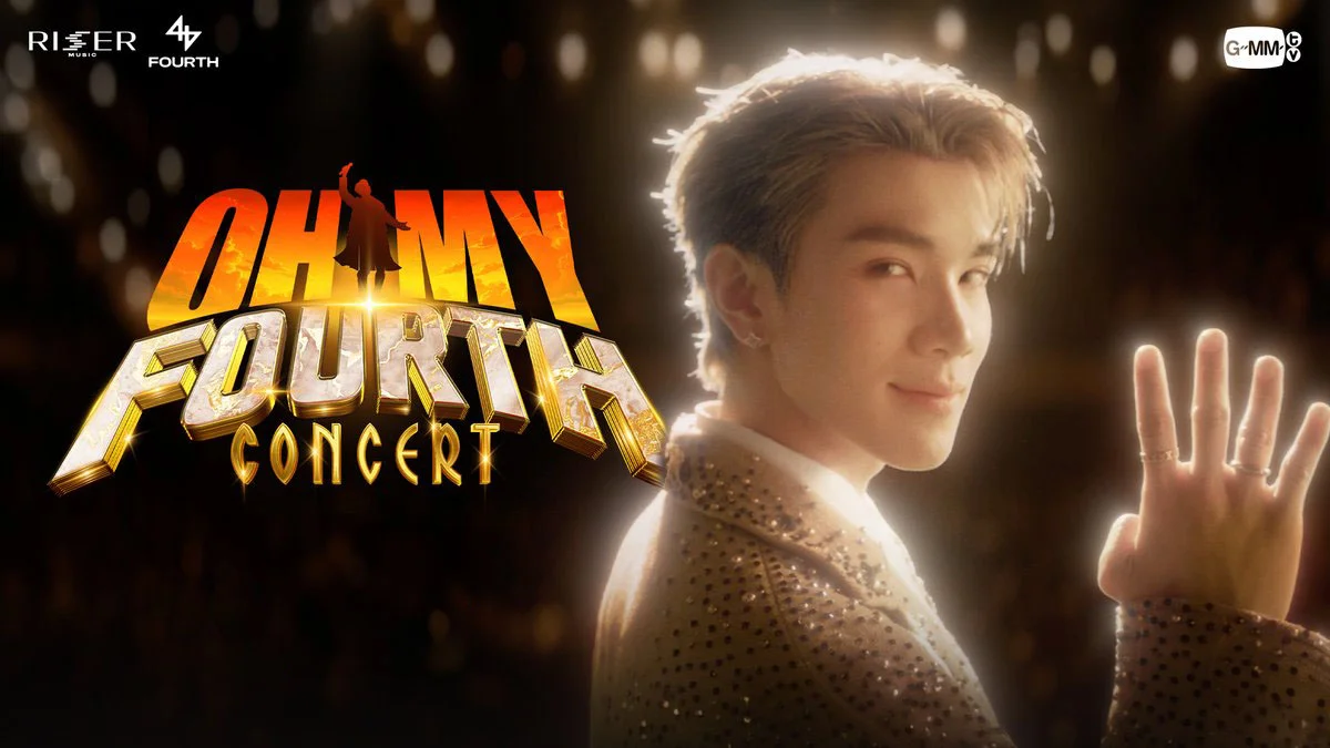 Promotional image announcing that Fourth Nattawat's "OHMY FOURTH CONCERT" has sold out, featuring Fourth smiling and waving beside the concert logo against a dark, illuminated background.