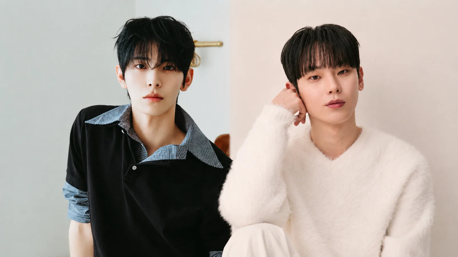 Seong In-ho, wearing a black jacket, and Kim Do-min, dressed in a cream sweater, appear side by side against neutral backgrounds for the Korean BL series Summertime.