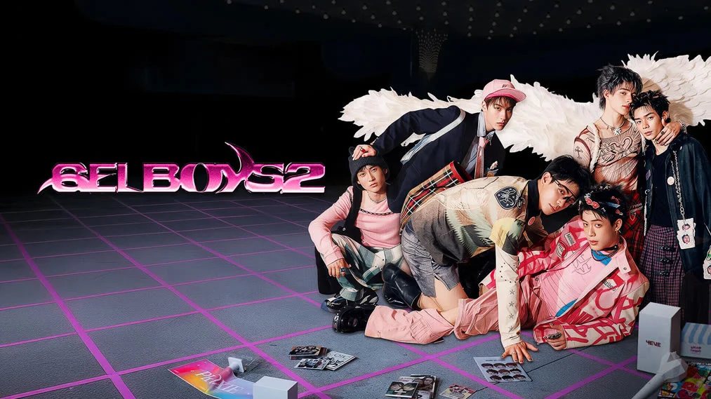 The six main cast members of GELBOYS 2 pose in colorful Y2K-inspired outfits beside the series logo on a neon pink grid.