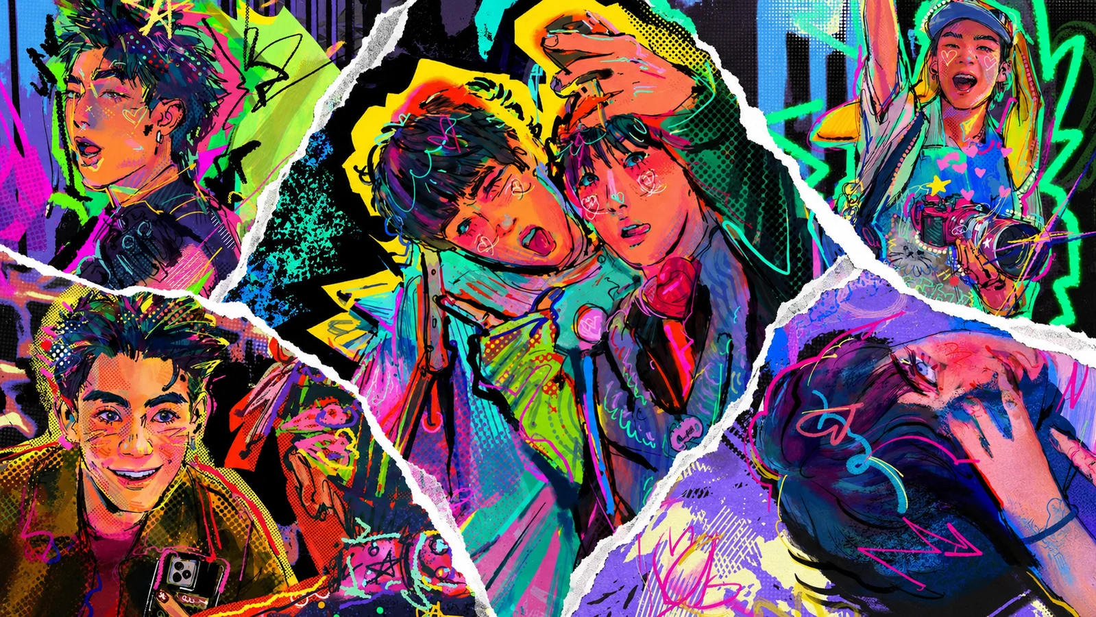 Colorful collage featuring illustrated portraits of the six GELBOYS 2 characters, adapted from Porsza’s vibrant opening-title artwork.