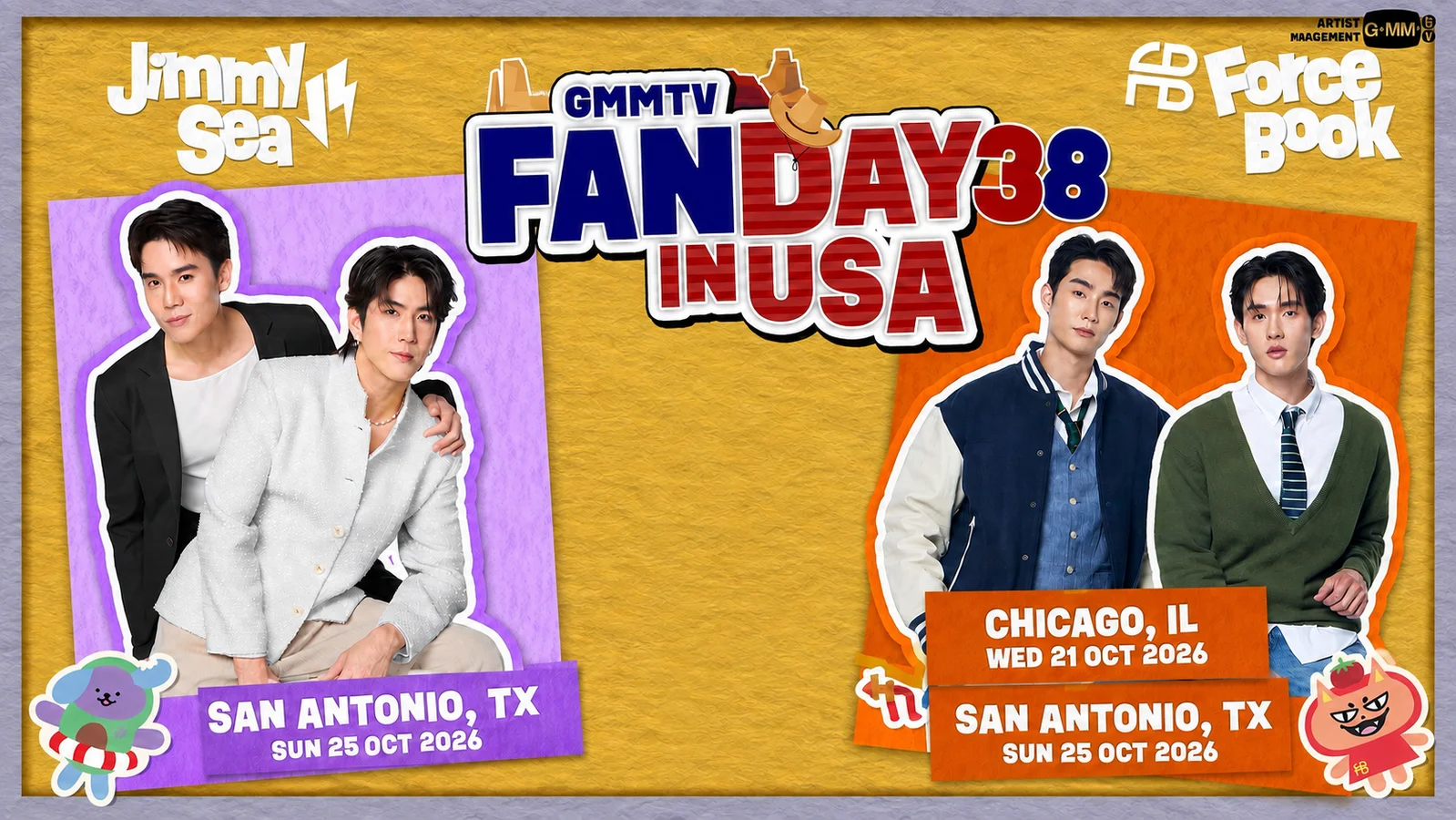 GMMTV Fan Day 38 USA announcement featuring Jimmy and Sea beside Force and Book, with event dates for Chicago and San Antonio in October 2026.