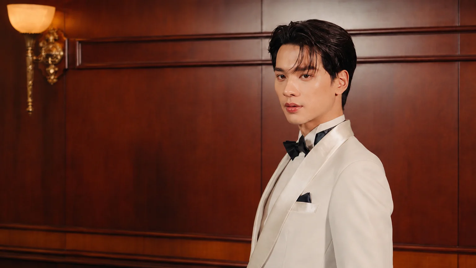 Keng Harit poses in a white tuxedo and black bow tie against a warmly lit wood-paneled background.