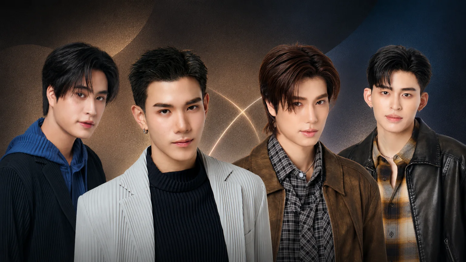 Gemini Norawit, Fourth Nattawat, Phuwin Tangsakyuen and Pond Naravit pose against a bronze-and-blue background.