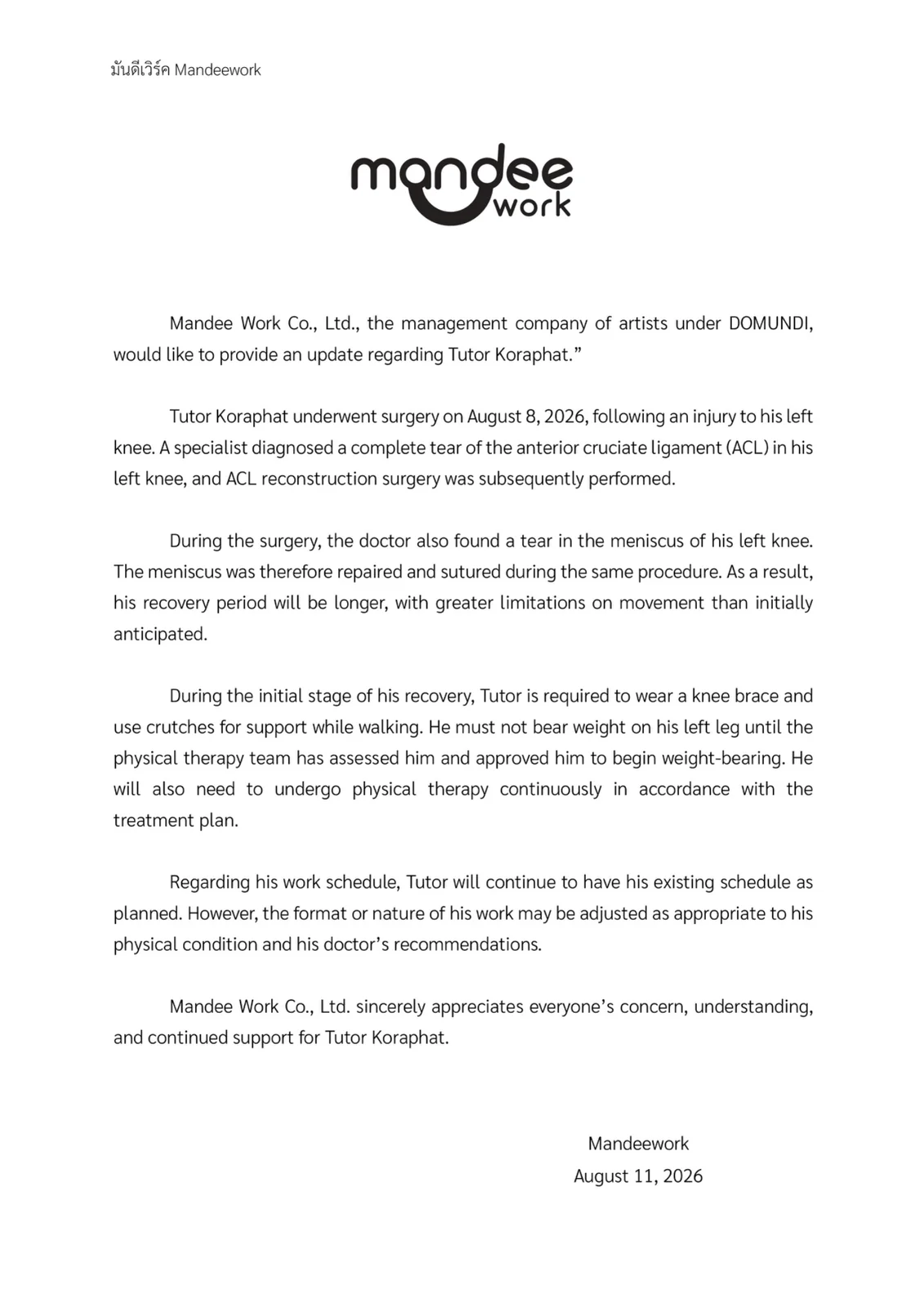 Mandee Work’s August 11, 2026 statement detailing Tutor Koraphat’s ACL reconstruction, meniscus repair and recovery plan.