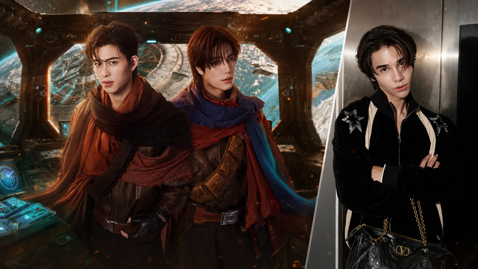Pond Naravit and Phuwin Tangsakyuen in sci-fi promotional styling for their Space Soul-dyssey Concert, shown beside a separate portrait of Jeff Satur.