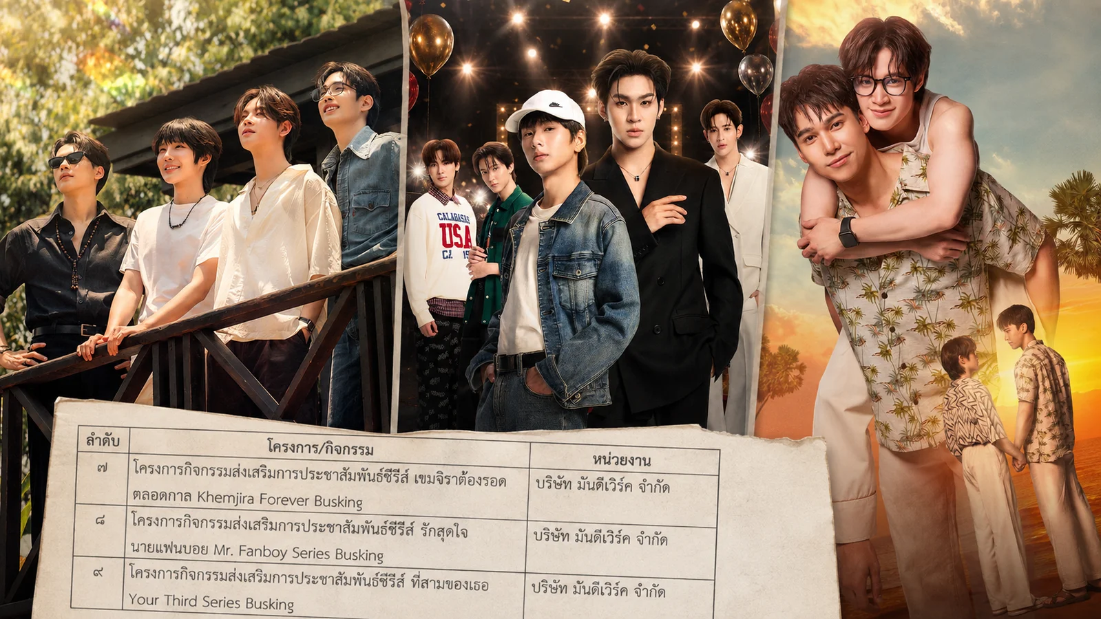 Cast artwork from Khemjira Forever, Mr. Fanboy and Your Third Series above a Thai Department of Cultural Promotion document listing their approved live promotional events.