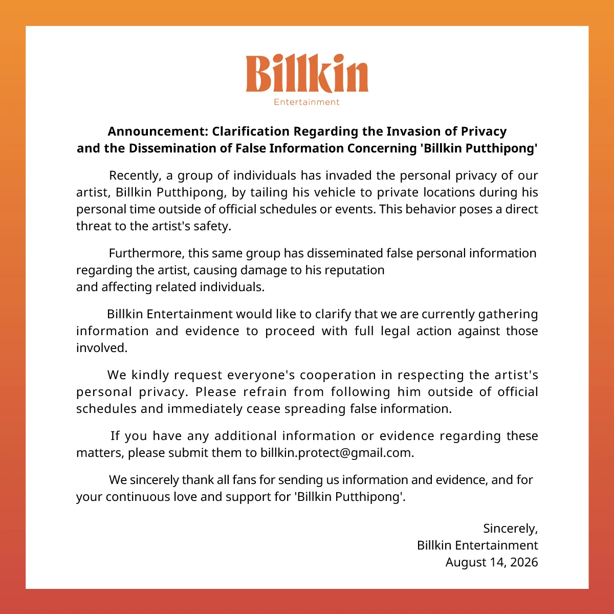 Official statement from Billkin Entertainment.