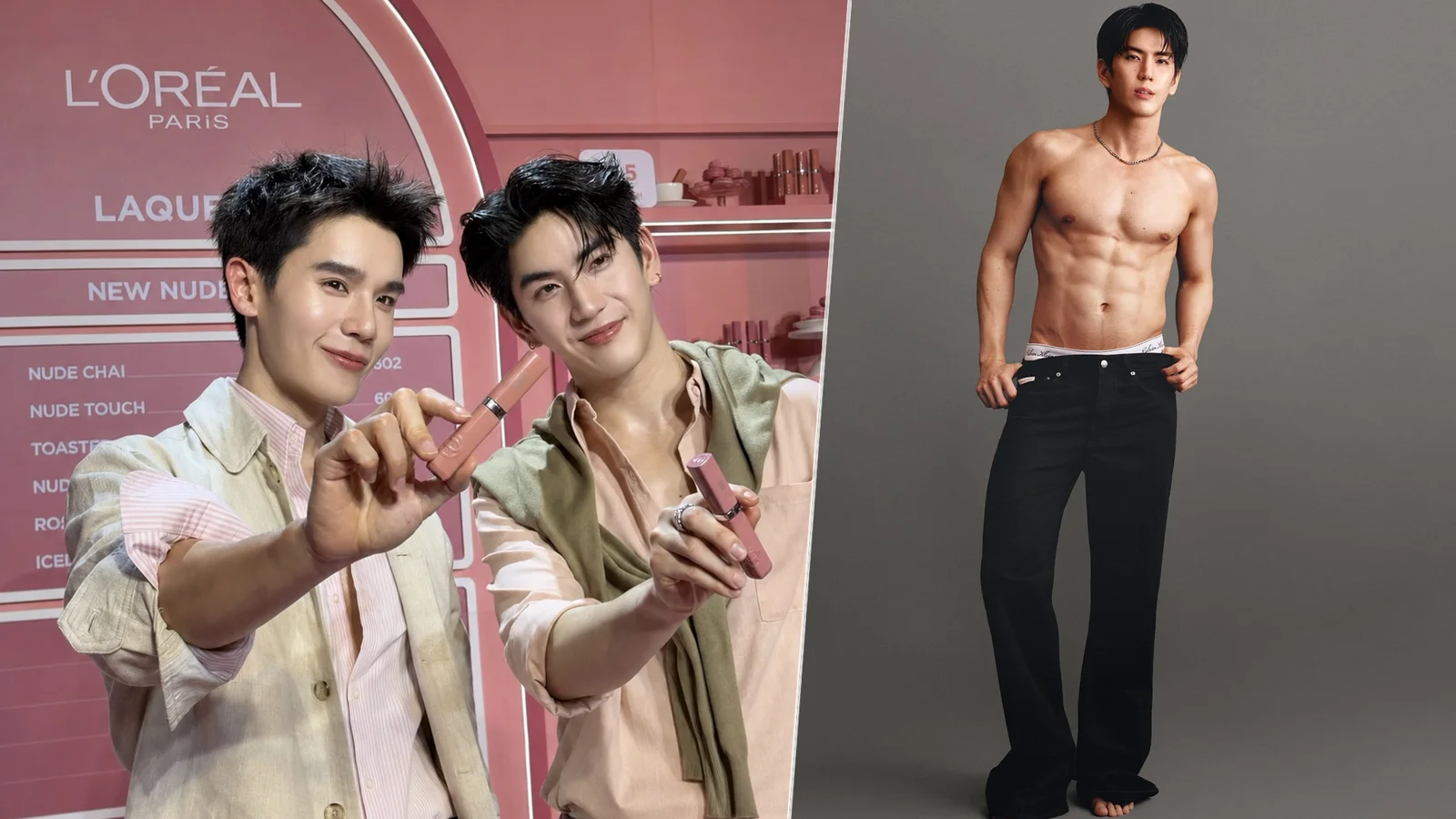 Jimmy Jitaraphol and Sea Tawinan pose with L’Oréal Paris products beside a full-body photo of Sea modeling black jeans for Calvin Klein.
